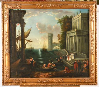 null The Embarkation of the Queen of Sheba Oil on canvas 67 x 77 cm (lining, restoration...