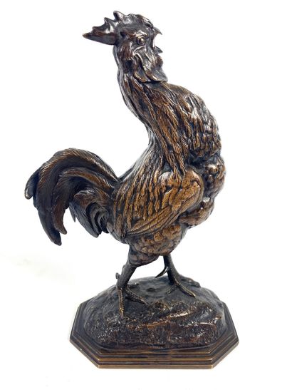 null Alfred BARYE (1839 - 1882) Le coq Bronze à patine brune signé sur la terrasse...