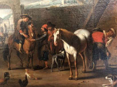  ECOLE HOLLANDAISE du XVIIIe siècle, suiveur de Jacob de HEUSCH Des voyageurs près...