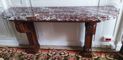 null CONSOLE in moulded and carved oak resting on a double scroll base Red marble...