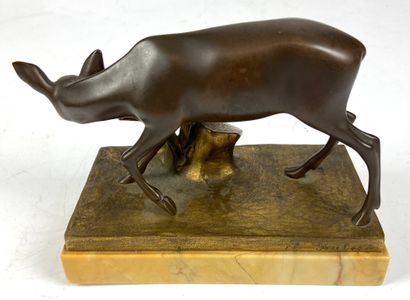 null Franz GRÜBER (1878-1945) Hind near a stump Bronze with double patina Marble...