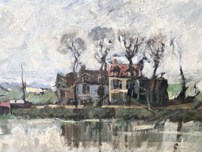 null Antony DAMIEN (1858-1943) Maisons au bord de l'eau Huile sur toile signée en...