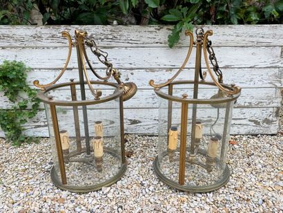 null A Pair of hallway Lanterns with glass cage and gilt brass three arms light....