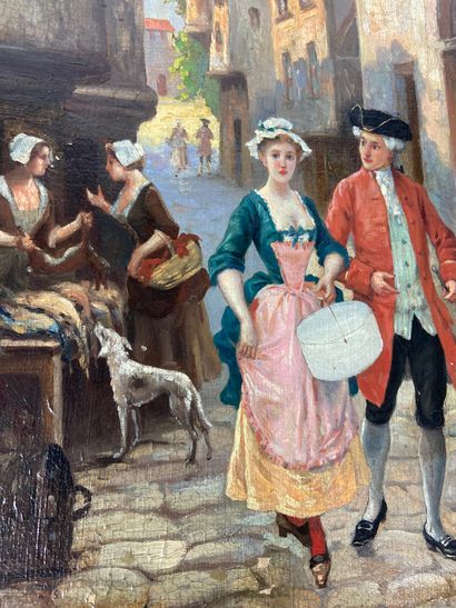 null FRENCH SCHOOL, 19th century Courteous scene in a market street Oil on canvas...