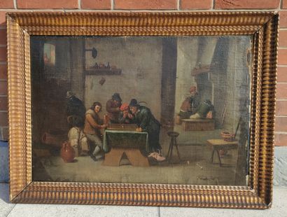  ECOLE FLAMANDE DU XVIIème siècle Scène de taverne Huile sur toile 53 x 80 cm (d...