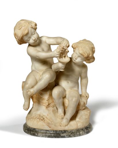 null 
Guglielmo PUGI (1850-1915)

Two loves playing with a bunch of grapes.

Alabaster...