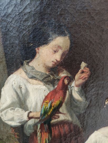 null ECOLE FRANCAISE DU XIXème siècle Scène de genre au perroquet Huile sur toile...