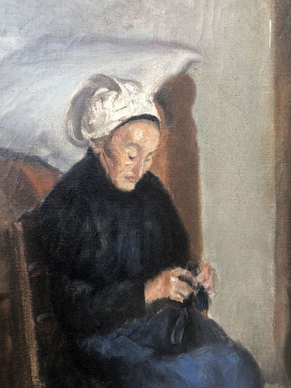 null André ASTOUL (1886-1950) Woman knitting by the fire Canvas mounted on panel...