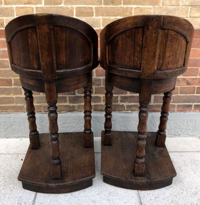 null PAIR OF TABOURETS in oak with gondola back. They stand on three baluster feet...