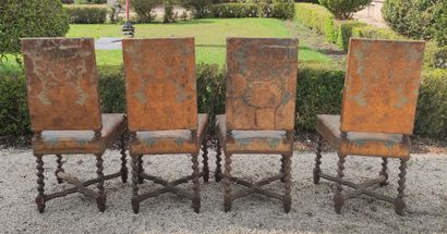 null SET OF FOUR wooden chairs with twisted legs joined by an X-shaped spacer, the...