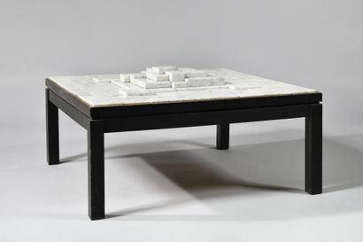 null WORK OF THE 1970S Square table with a paving and sculptural relief of white...
