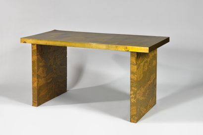 null 
PROBABLY AMERICAN WORK

Rectangular table with oxidized brass plated top on...