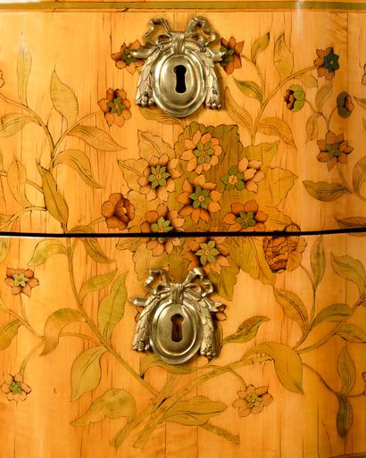 null COMMODE in marquetry of flowers, the curved front opening to two drawers, the...