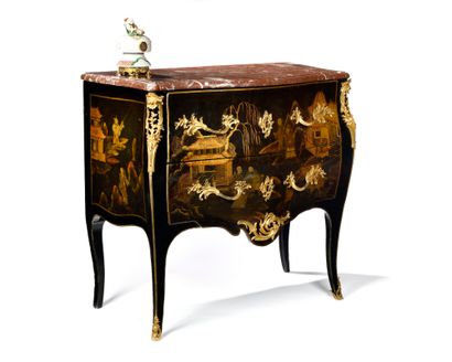 A PARISIAN VERNISED COMMODE with two drawers, decorated with gold landscapes on...