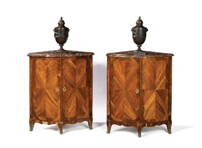 Pair of violet wood ENCOIGNURES, the curved...