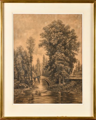 null Auguste ALLONGÉ (1833-1898) Le petit pont Fusain Signé en bas à gauche 50 x...
