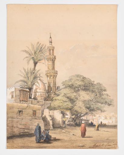 null Prosper BARBOT (1798 – 1877) Vue animée du Caire Plume et encre noire, aquarelle,...