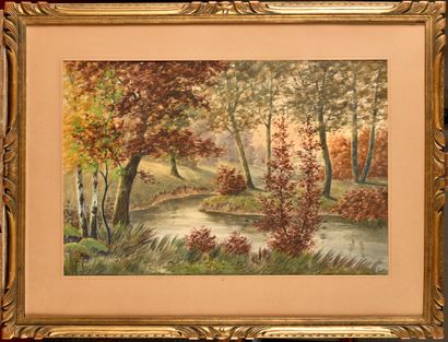 null François Joseph GIROT (1873-1916) Sous bois en automne Aquarelle Signé en bas...