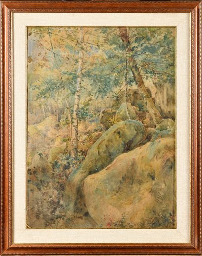 null Auguste ALLONGÉ (1833-1898) Paysage en forêt de Fontainebleau Deux aquarelles...