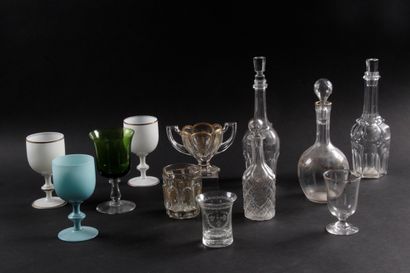 null LOT OF GLASSES AND CARAFES XIXth century, including : A glass goblet with faceted...