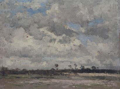null ÉCOLE DE BARBIZON, Époque XIX siècle. « Paysage de plaine » Huile sur toile...