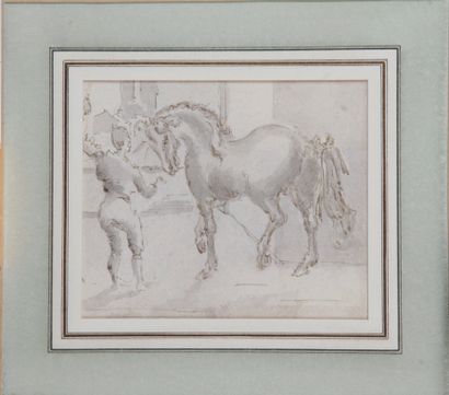  ÉCOLE ITALIENNE OU FRANÇAISE DU XVII SIÈCLE. "Étude de cheval" Lavis d'encre de...