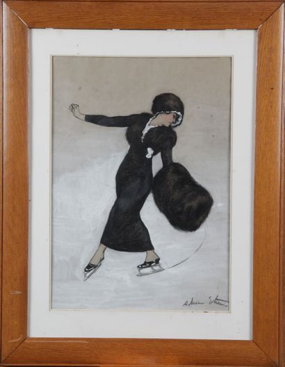 null ÉCOLE FRANÇAISE DU XX. « La patineuse » Aquarelle, encre de chine et gouache....