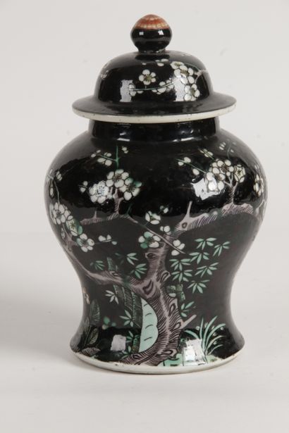 null CHINA, 20th CENTURY Small porcelain covered vase decorated with prunus flowers...