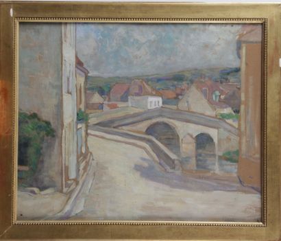 null ÉCOLE FRANÇAISE du XXe siècle « Le pont du village » Huile sur toile cartonnée,...