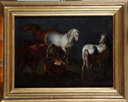 null École flamande XVIIIème, Étude de chevaux et de bovins, Huile sur toile réentoilée,...
