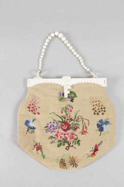 TAPESTRIAN BAG decorated with flowers, bone...