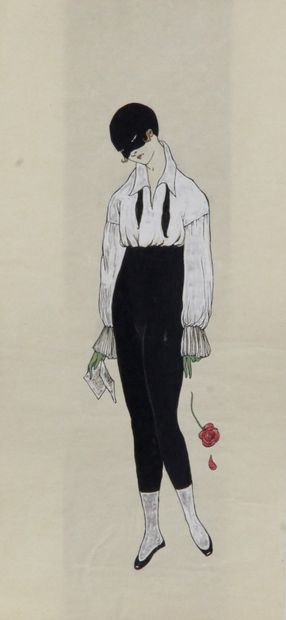 null Attribué à Georges LEPAPE (1887-1971 "Femme masquée et à la rose" Aquarelle...