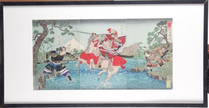  Nobukazu Watanabe (1874-1944) - Bataille de Fujikawa , Japon - Tryptique d’estampes...