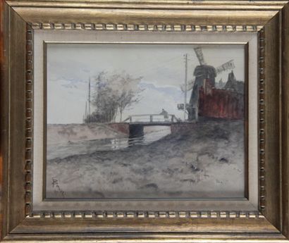 null Ecole du XIXème siècle « le moulin en Hollande ». Aquarelle signée et datée...