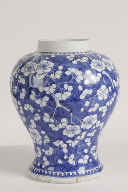 null Chine, fin XIXe-XXe siècle Potiche en porcelaine bleu-blanc à décor de prunus...