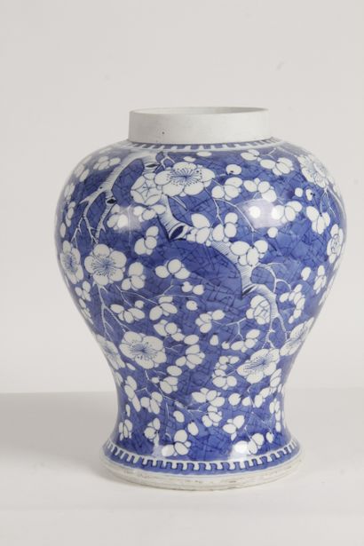null Chine, fin XIXe-XXe siècle Potiche en porcelaine bleu-blanc à décor de prunus...