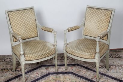 Pair of flat-backed armchairs in moulded...