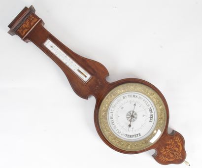 null BAROMETER-THERMOMETER, with grotesque decoration in rosewood inlaid on dark...