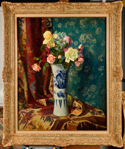  GEORGES DANIEL DE MONFREID (1856-1929) Vase de roses devant les tentures, Fev.1914... Gazette Drouot