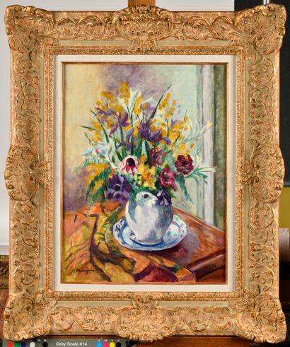 null HENRI MANGUIN (1874-1949) Anémones, iris et mimosa, circa 1936 Huile sur toile...