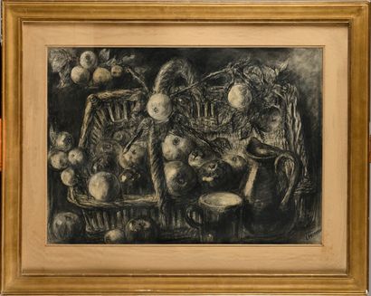 null LOUISE HERVIEU (1878-1954) Le panier de fruits Dessin au fusain Signé en bas...