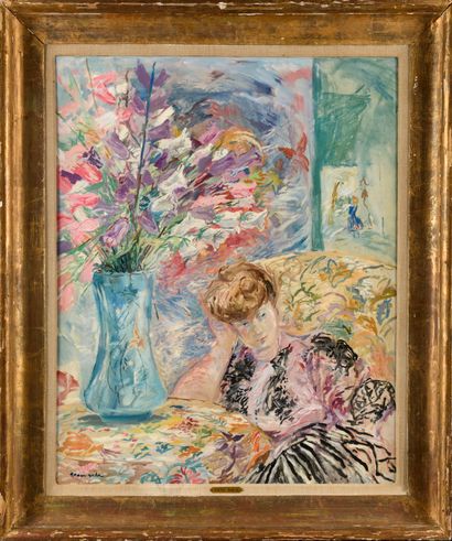 null EMILIO GRAU SALA (1911-1975) Femme au bouquet de fleurs Huile sur toile Signé...