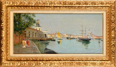 null ANTONIO REYNA MANESCAU (1859-1937) Venise, trois élégantes se promenant en bord...
