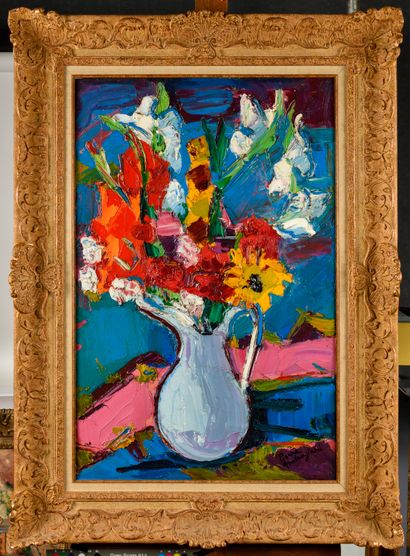 null PIERRE AMBROGIANI (1907-1985) Fleurs au châle multicolore Huile sur toile Signé...