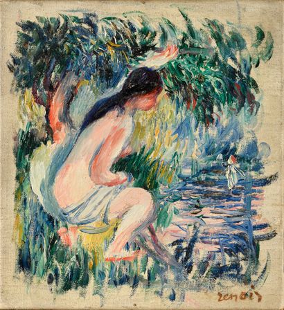  PIERRE-AUGUSTE RENOIR (1841-1919) Étude de nu ou Nu dans un paysage Huile sur toile...