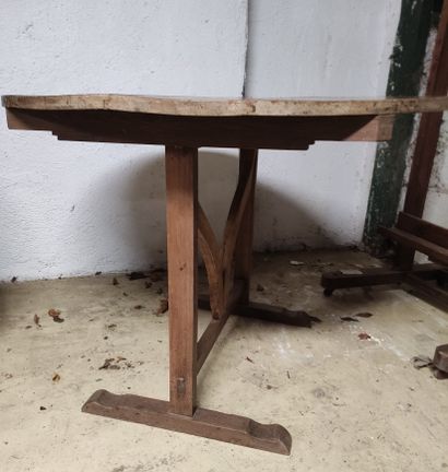  VINE GROWER'S TABLE in fruitwood and poplar with a folding top, lyre base resting...