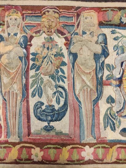 Pair of architectural composition tapestries with historical cartouche, terms, oil...