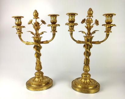null A PAIR OF CANDELABRES in ormolu and chased the conical shaft ending with two...