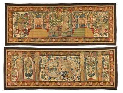 null Pair of architectural composition tapestries with historical cartouche, terms,...