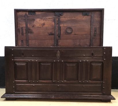 null Oak COMMUNITY CHEST opening with three locks, front with four panels, panelled...